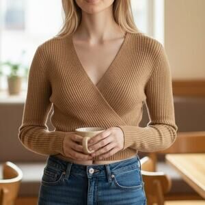 Vintage Y2K 2000s Express Neutral Beige Tan Ribbed Knit Cropped Crop Top Medium